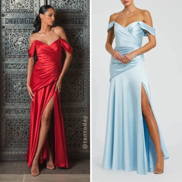 Mac Duggal Size 4 Light Blue Satin Off The Shoulder‎ Long Maxi Dress Gown - Picture 1 of 4